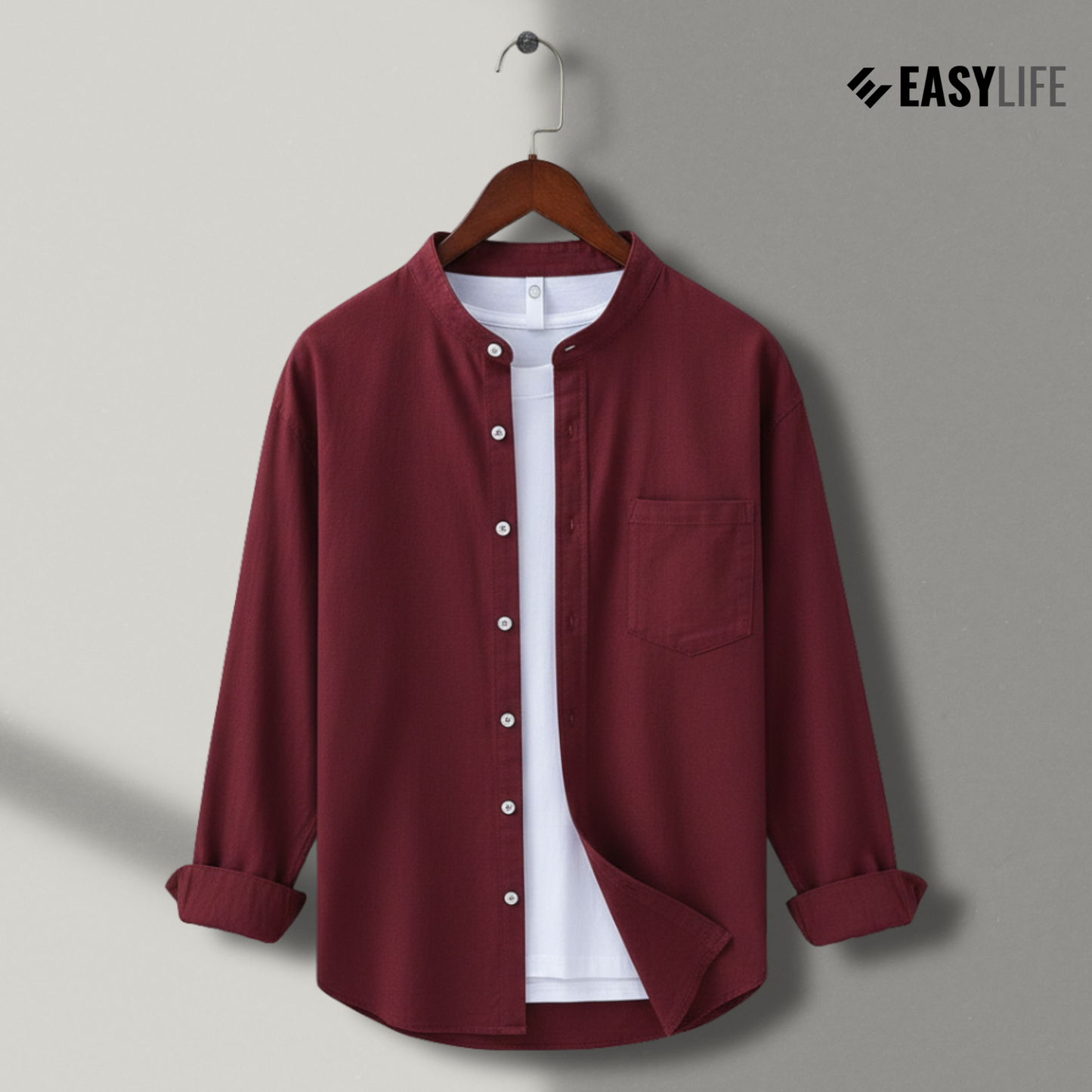 Band Collar Full Sleeve Shirt - Marron