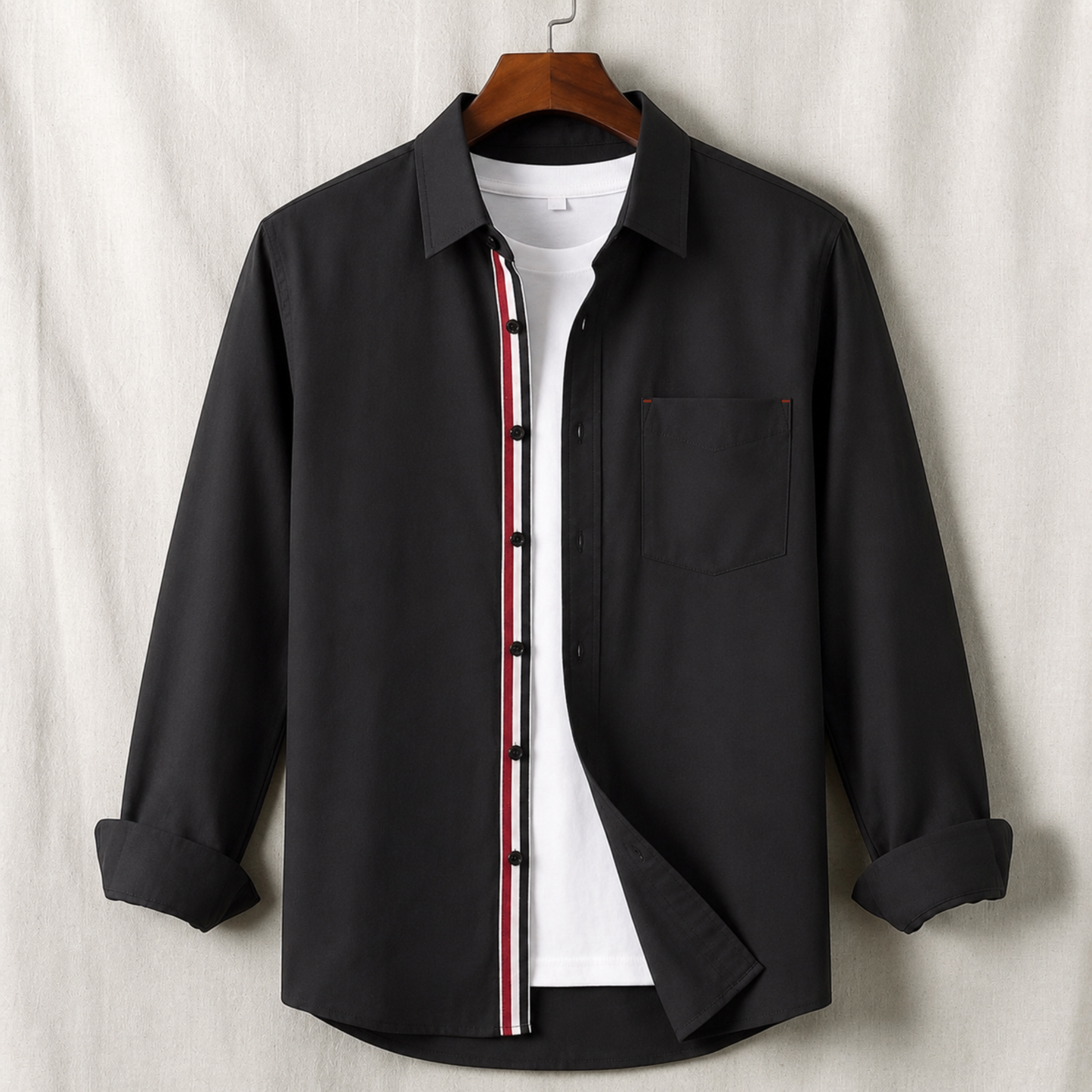 Contrast Placket Full Sleeve Shirt - Black