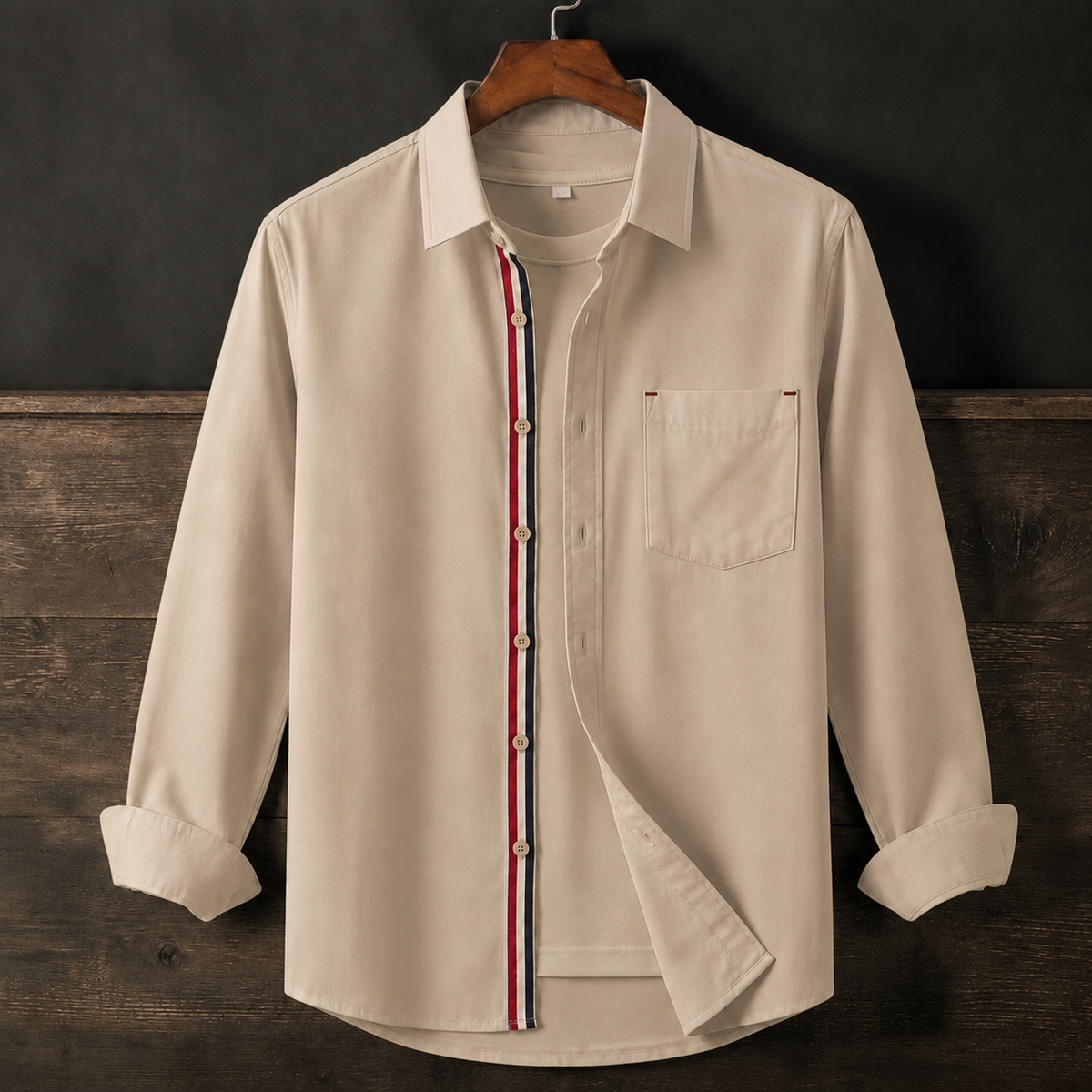 Contrast Placket Full Sleeve Shirt - Deep Beige