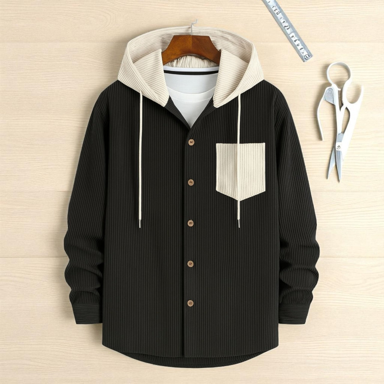 Luxury Full Sleeve Cord Hoodie -Black
