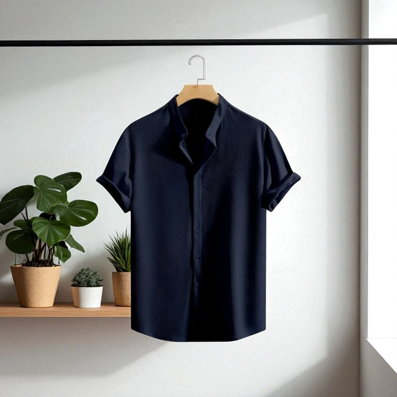 Band collar Navy Blue color shirt