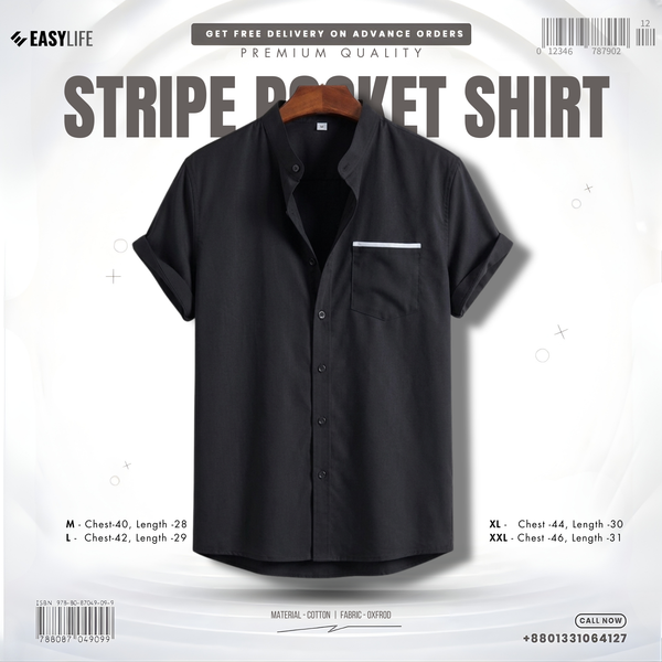 Stripe Pocket Band Collar Shirt