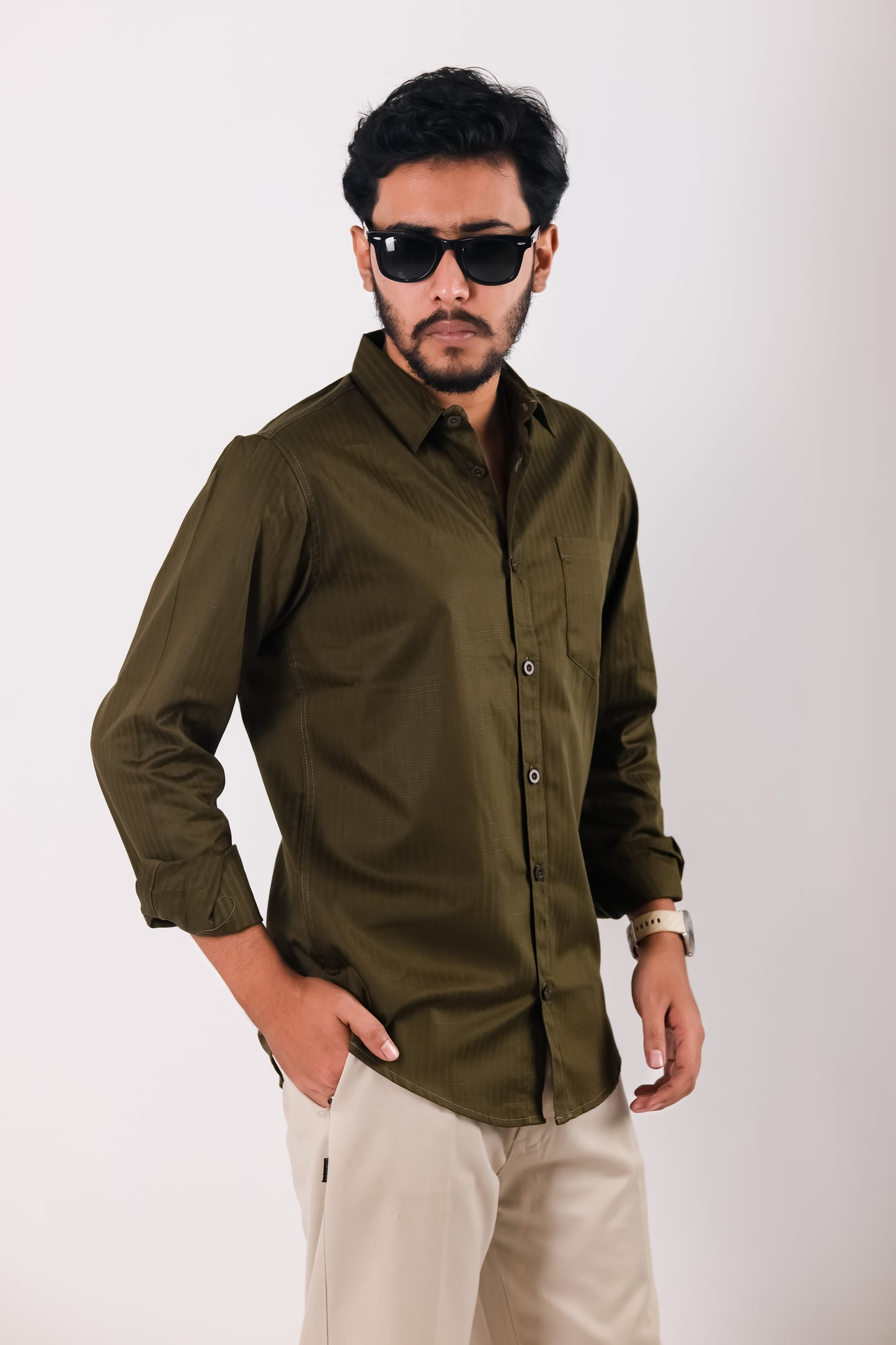 Fine Cotton Stripe Shirt – Olive