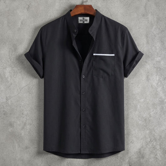 Stripe Pocket Band Collar Shirt - Black