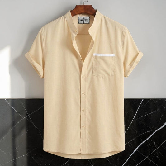 Stripe Pocket Band Collar Shirt - Cream