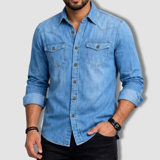 Men's Western Denim Shirt - Sky Blue
