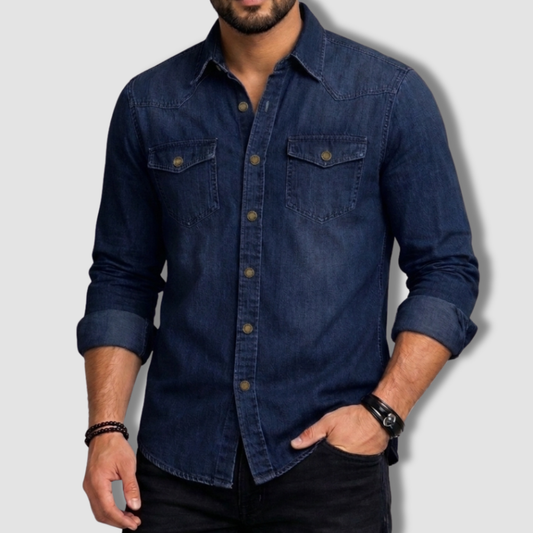 Men's Western Denim Shirt - Deep Blue