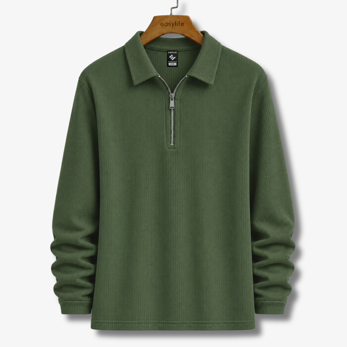 Ribbed Quarter-Zip Polo - Olive