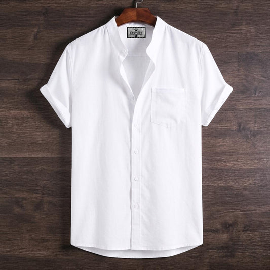Stripe Pocket Band Collar Shirt - White