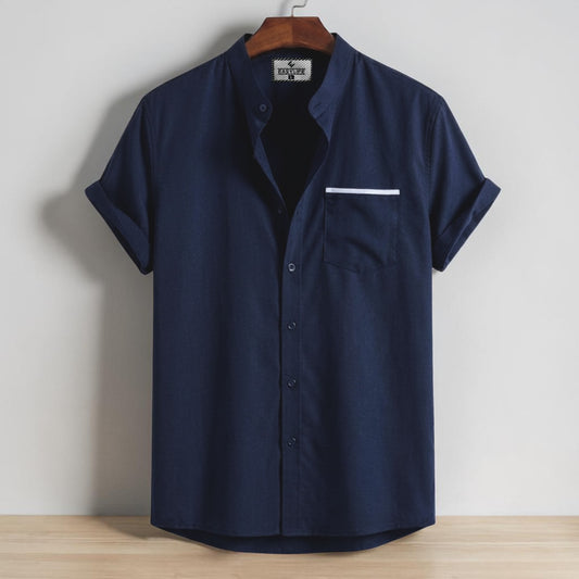 Stripe Pocket Band Collar Shirt - Navy
