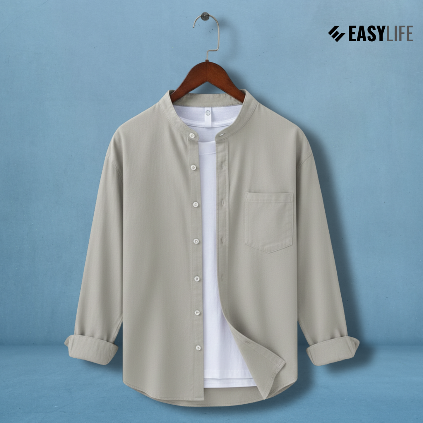 Band Collar Full Sleeve Shirt - Ash