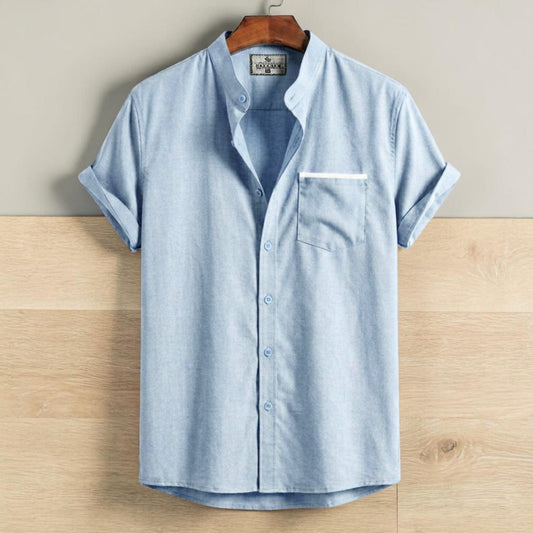 Stripe Pocket Band Collar Shirt - Sky