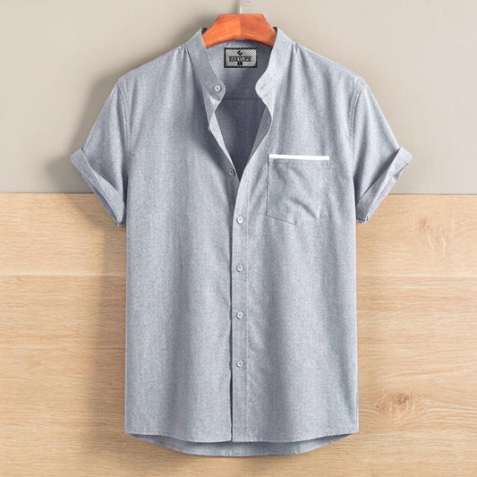 Stripe Pocket Band Collar Shirt - Ash