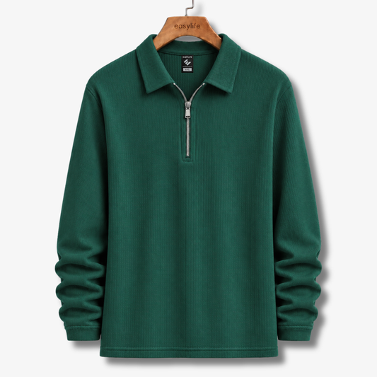 Ribbed Quarter-Zip Polo - Bottle Green