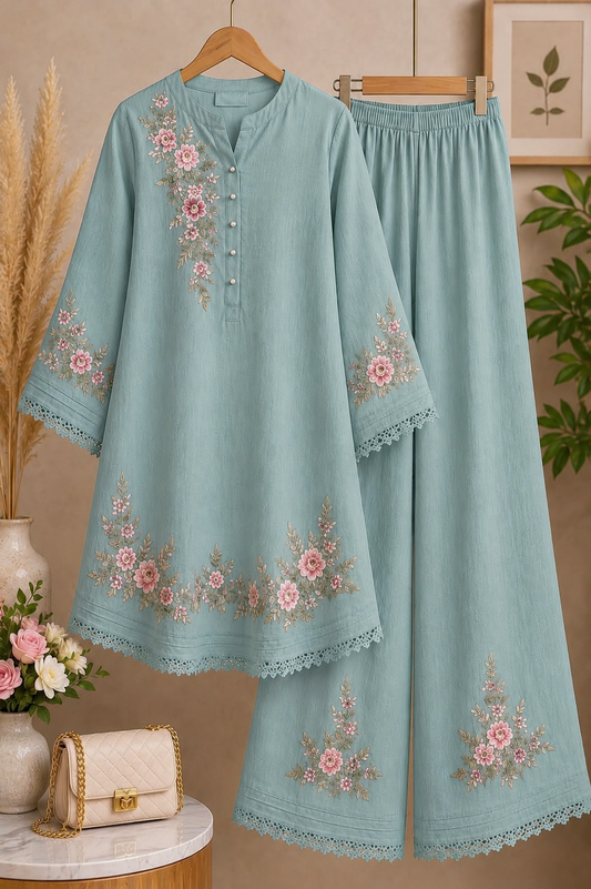 Ladies’ Embroidered Top & Trouser Set - Light Sea Blue