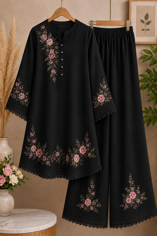 Ladies’ Embroidered Top & Trouser Set - Black