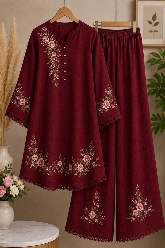 Ladies’ Embroidered Top & Trouser Set - Maroon