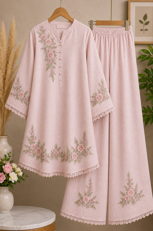 Ladies’ Embroidered Top & Trouser Set - Pink