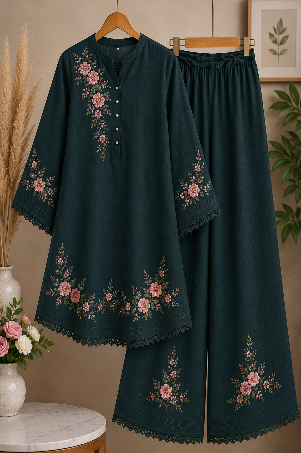 Ladies’ Embroidered Top & Trouser Set - Midnight Teal