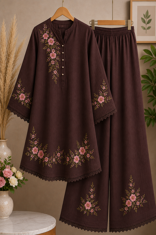 Ladies’ Embroidered Top & Trouser Set - Chocolate