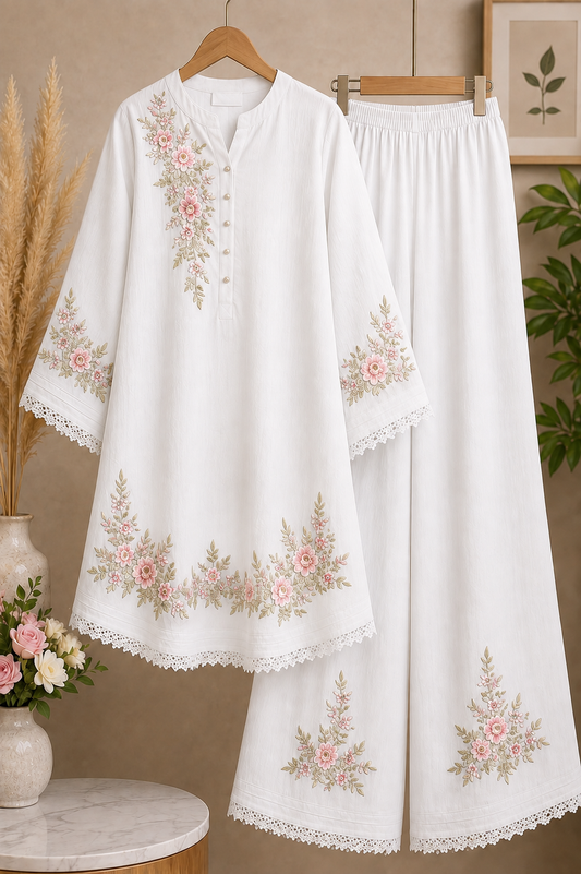 Ladies’ Embroidered Top & Trouser Set - White