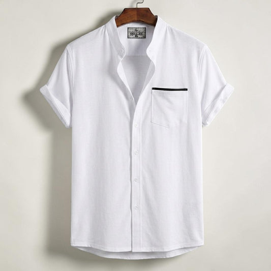 Stripe Pocket Band Collar Shirt - White