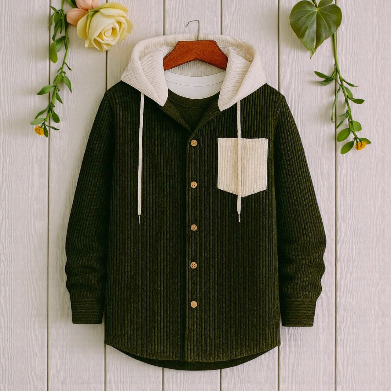 Luxury Full Sleeve Cord Hoodie -Olive