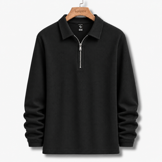 Ribbed Quarter-Zip Polo - Black