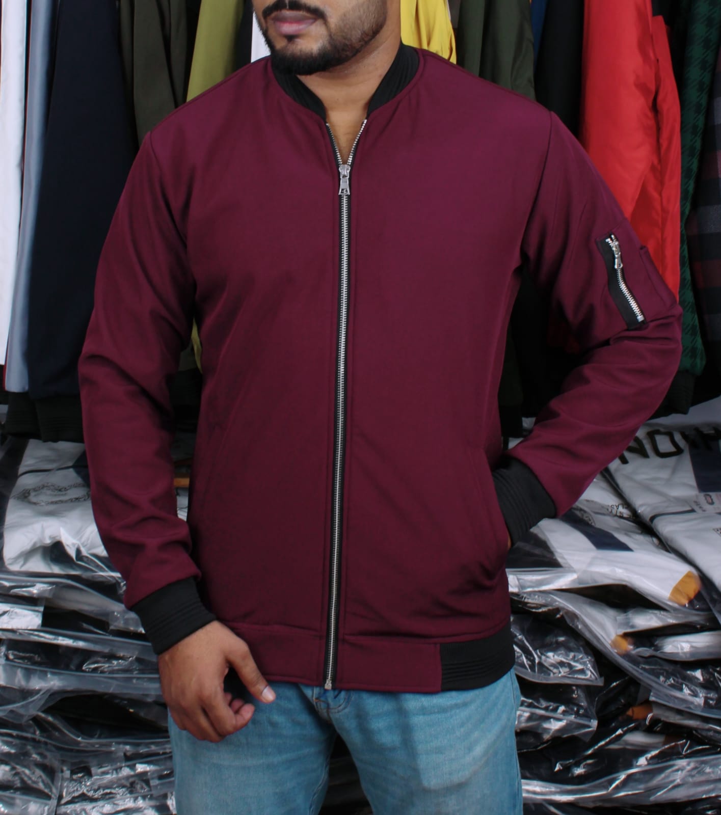 Bomber V- Neck Marrom Color Jacket